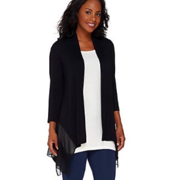 LOGO by Lori Goldstein Sweaters - LOGO by LORI GOLDSTEIN Ruffle Layered Hem Open Front Black Lightweight Cardigan